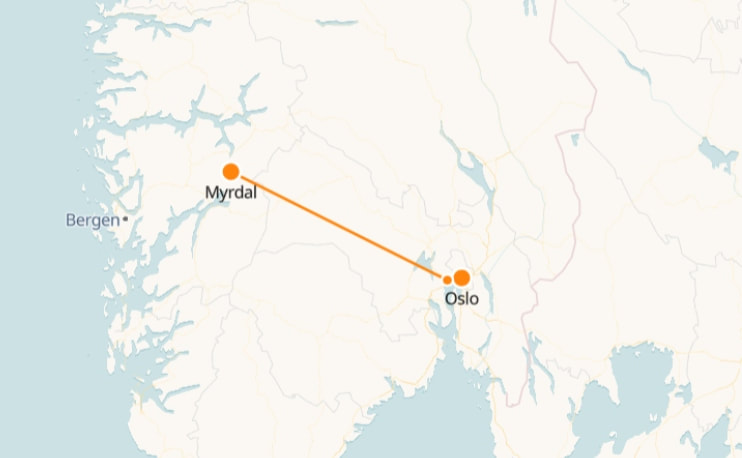 Mapa de Myrdal a Oslo