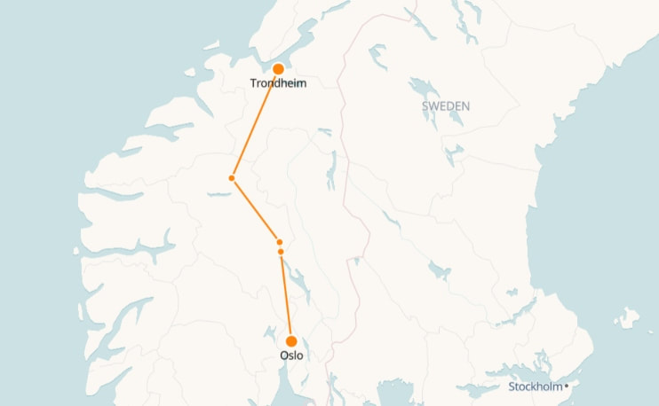 Mapa de Trondheim a Oslo 